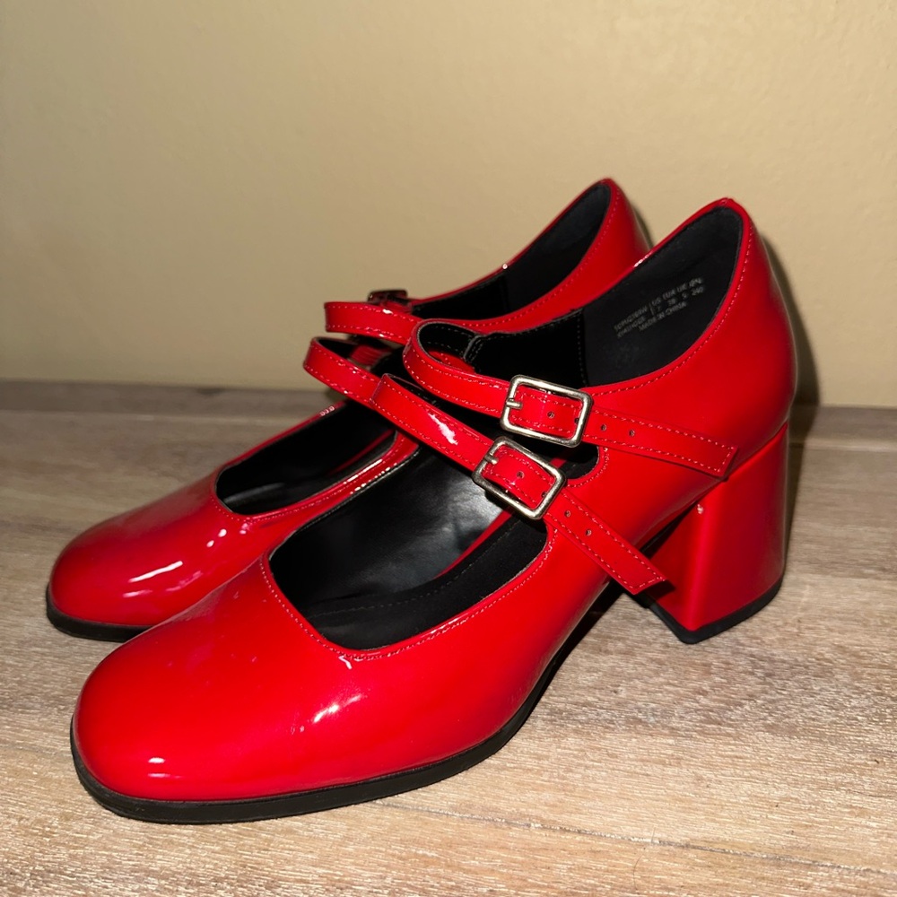 Red Double Strap Mary Jane Heels
